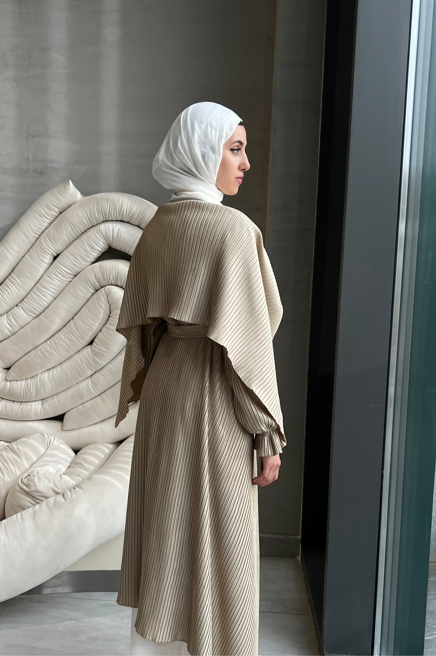 Drape Me in Pleats in Golden Beige