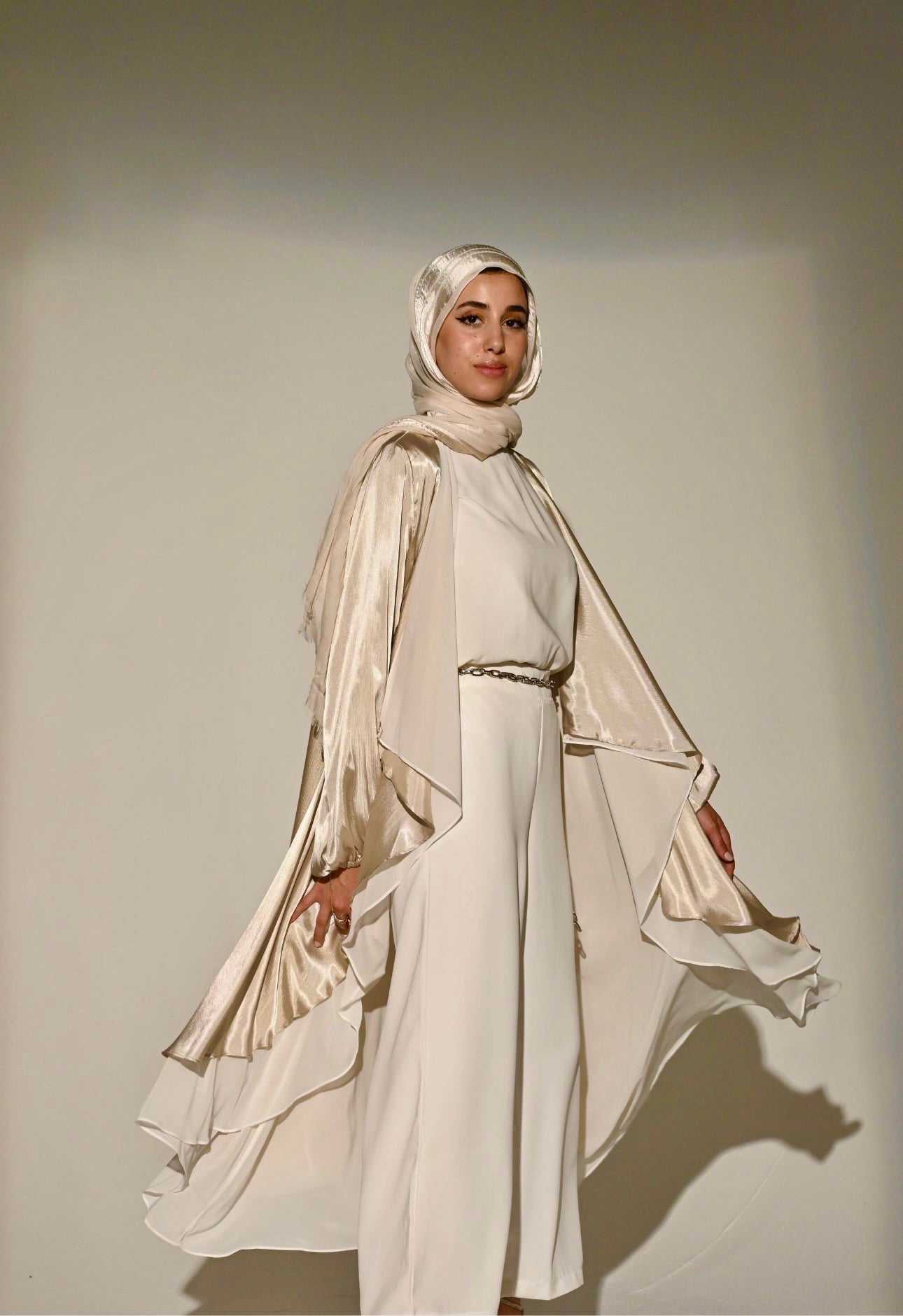 Double layered Emilia Kaftan in Champagne beige x White