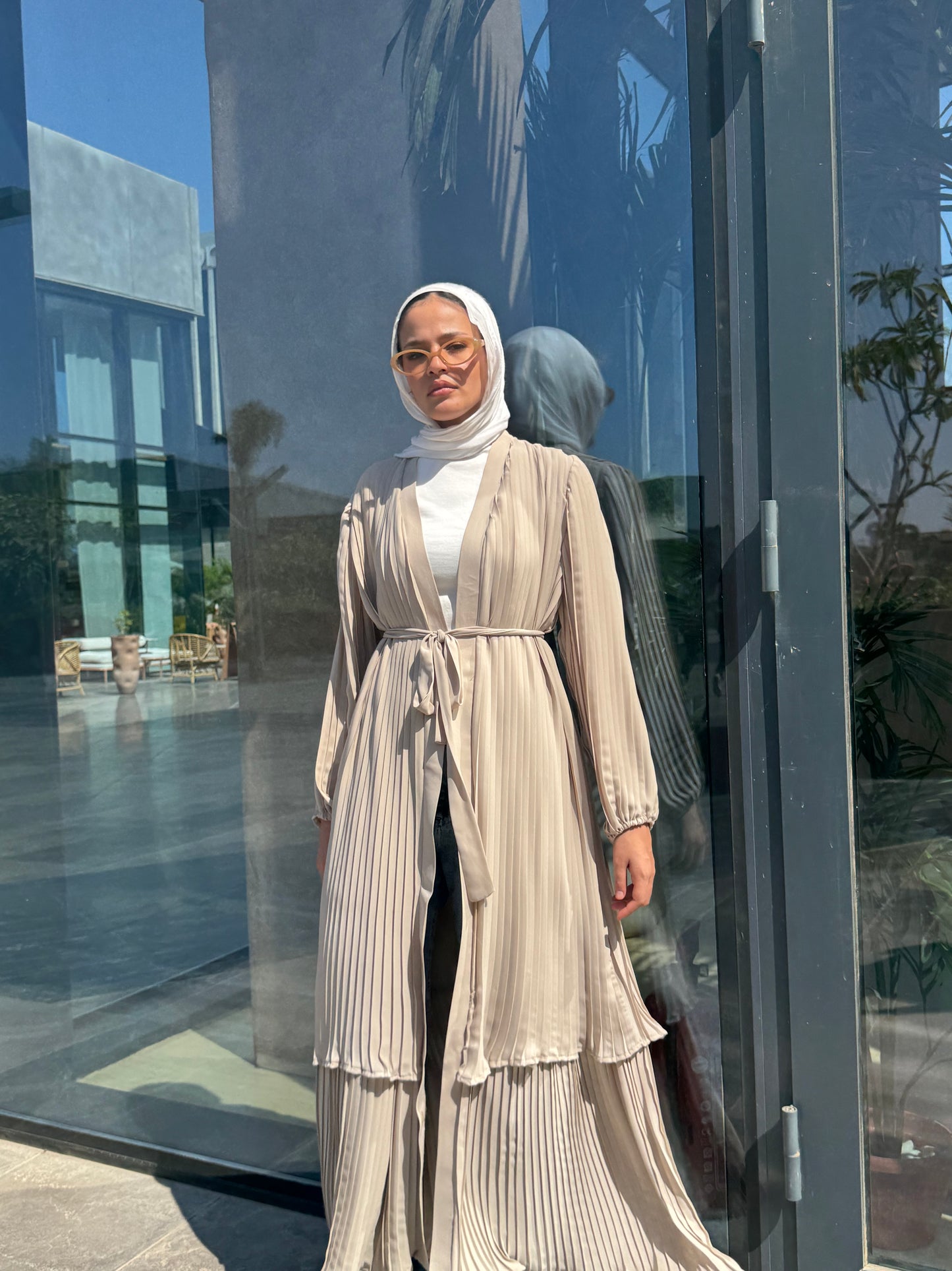 Double Layered Pleated Kaftan in Beige