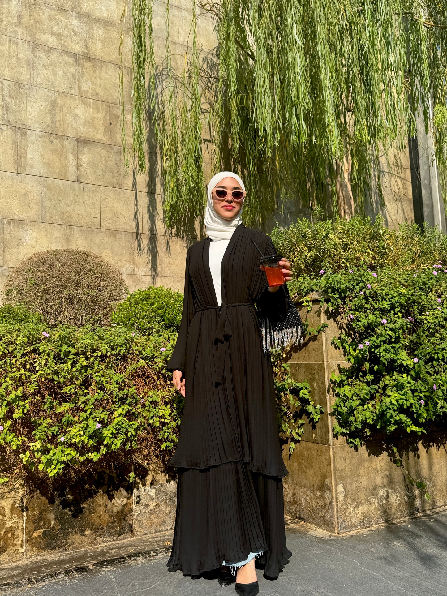 Double Layered Pleated Kaftan in Black