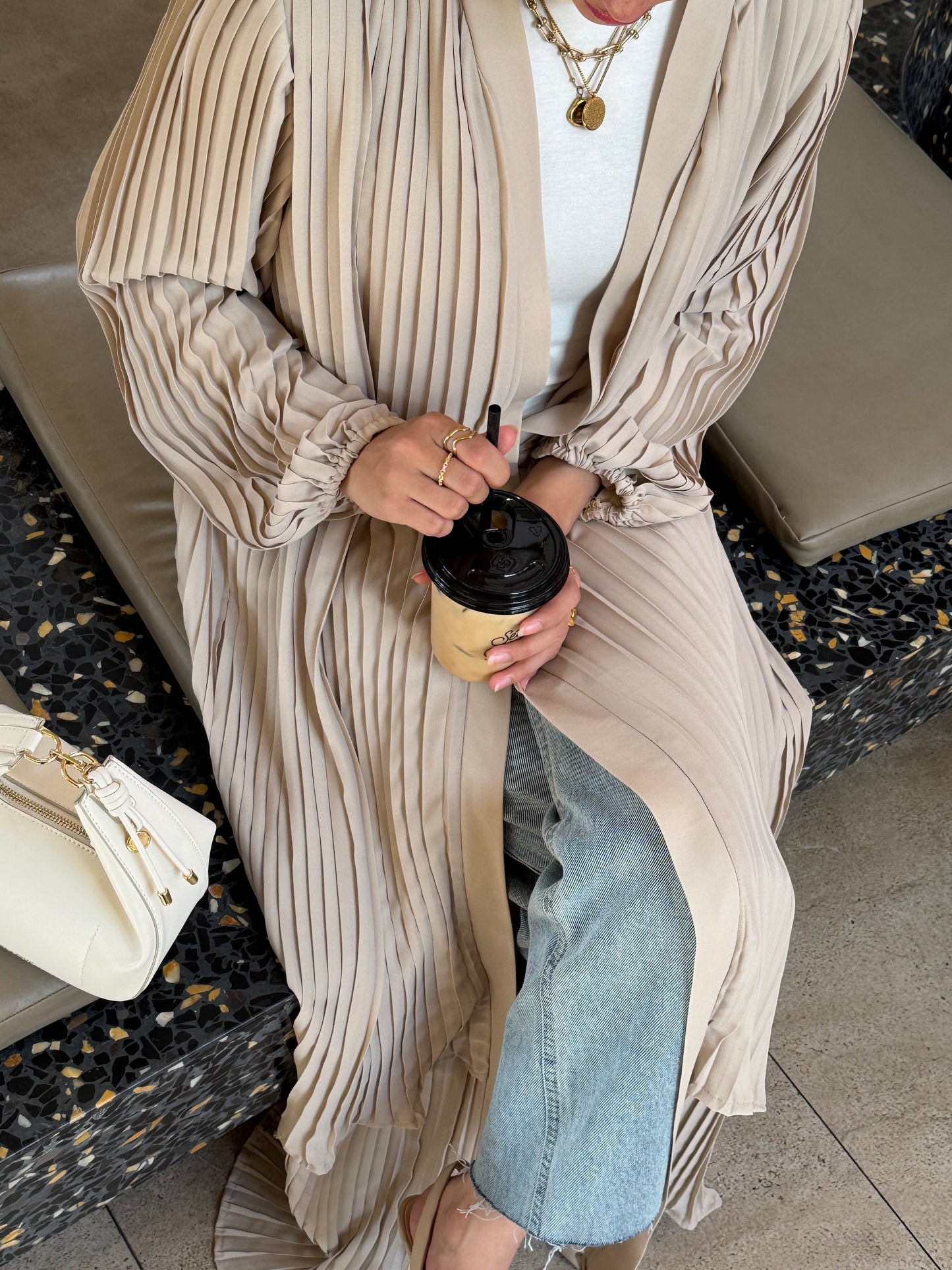 Double Layered Pleated Kaftan in Beige