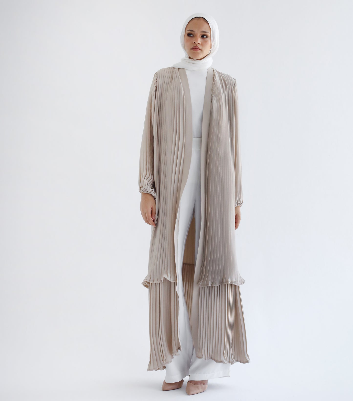 Double Layered Pleated Kaftan in Beige