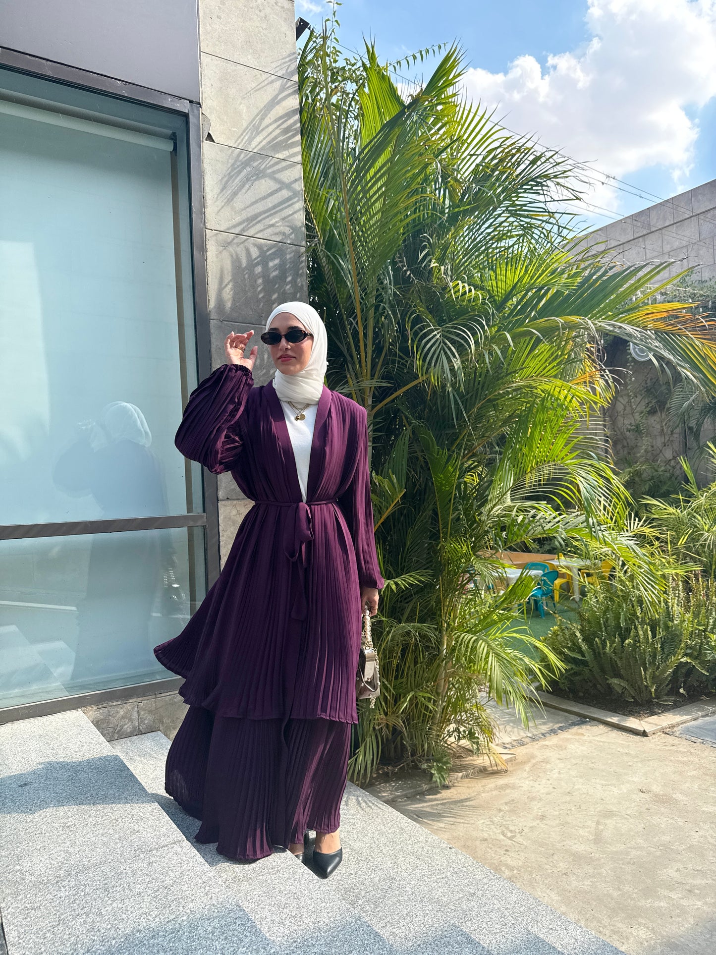 Double Layered Pleated Kaftan in Purple