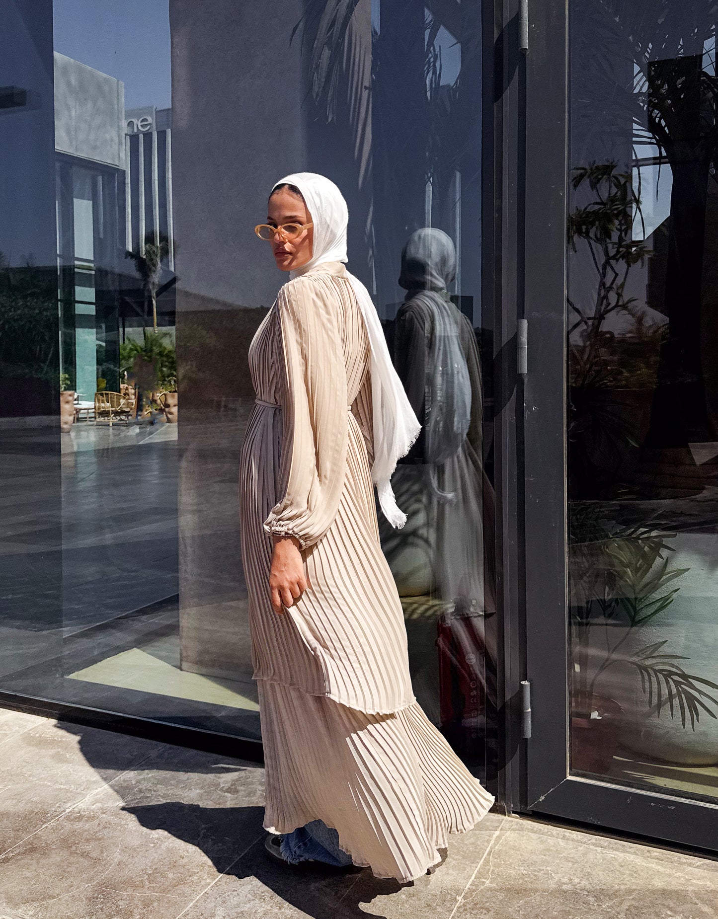 Double Layered Pleated Kaftan in Beige