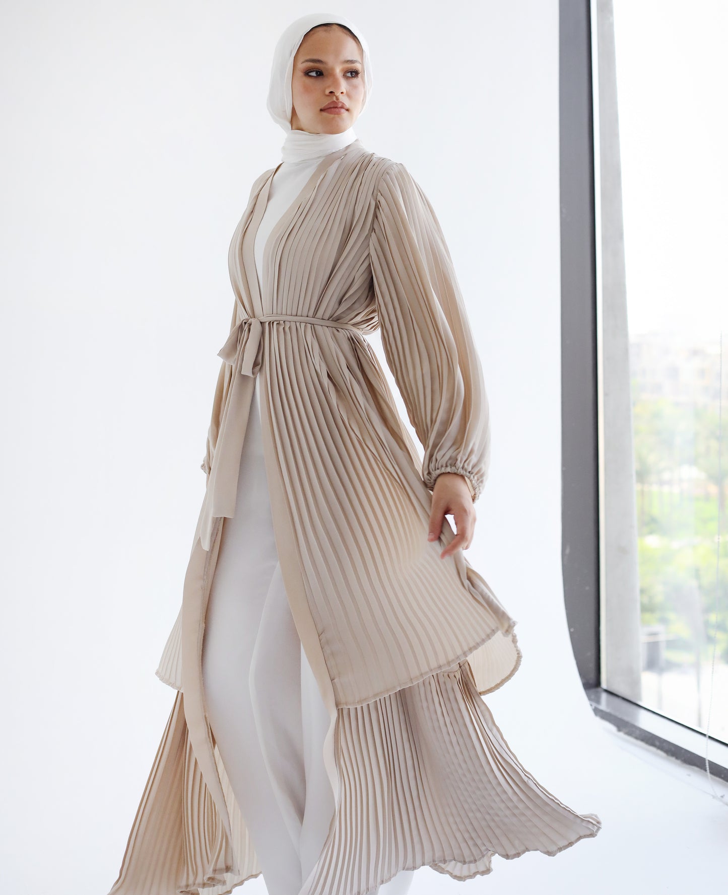 Double Layered Pleated Kaftan in Beige