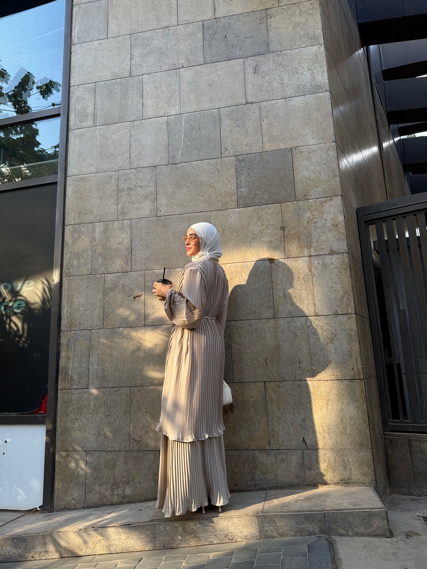 Double Layered Pleated Kaftan in Beige