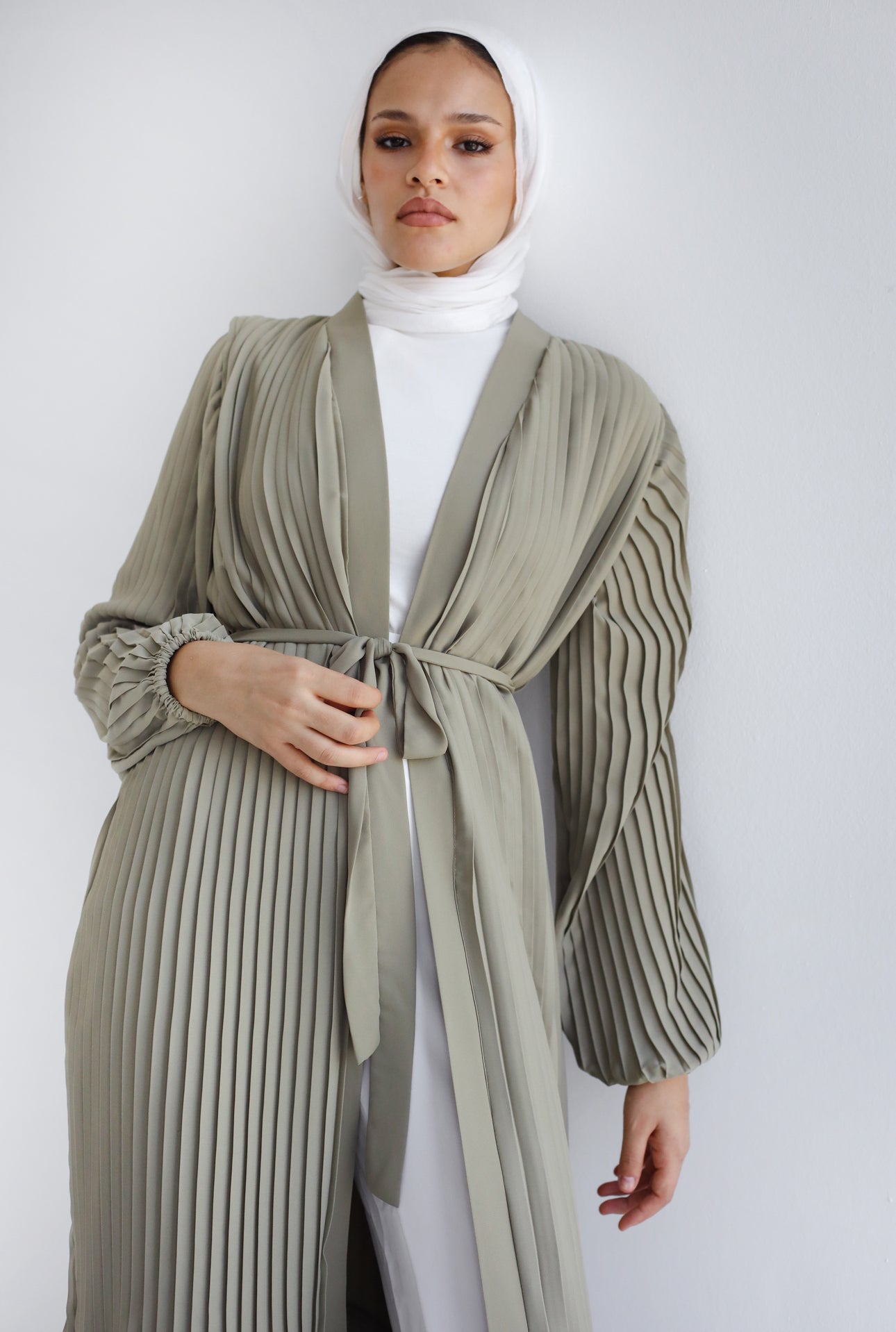 Double Layered Pleated Kaftan in Matcha