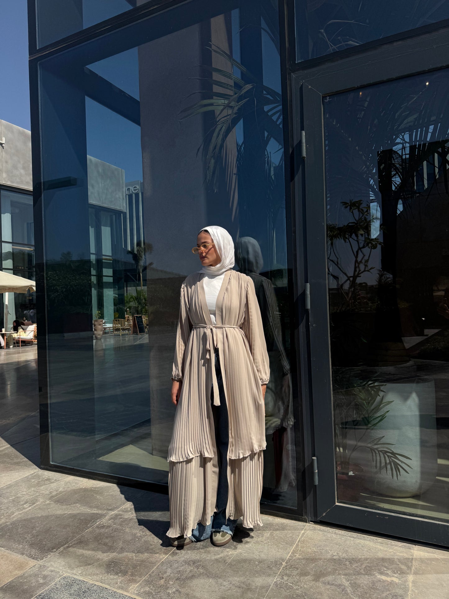 Double Layered Pleated Kaftan in Beige