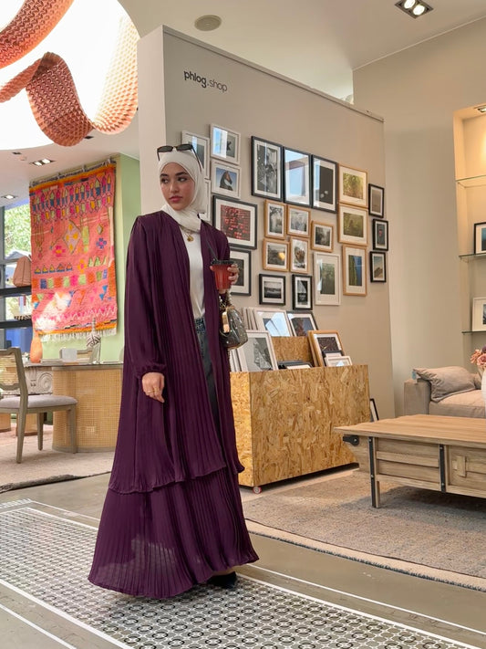 Double Layered Pleated Kaftan/Abaya in Purple