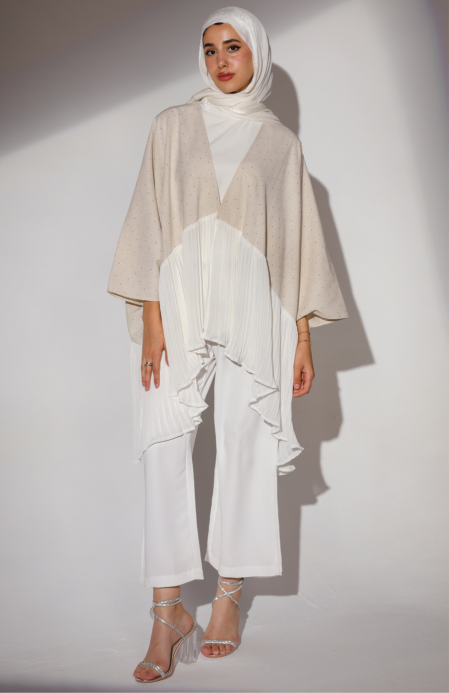 Twinkley rhinestone linen X pleats kimono