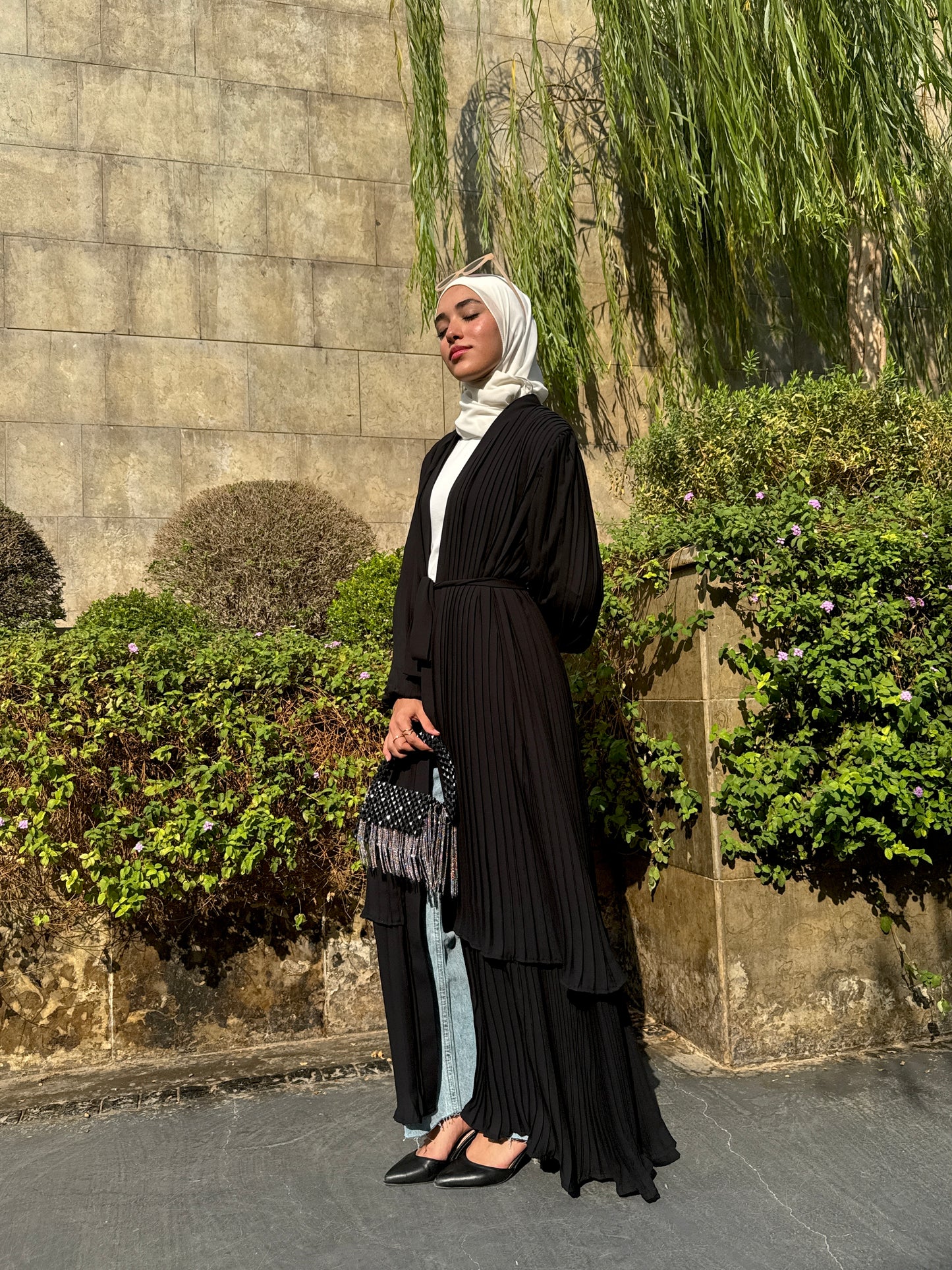 Double Layered Pleated Kaftan in Black