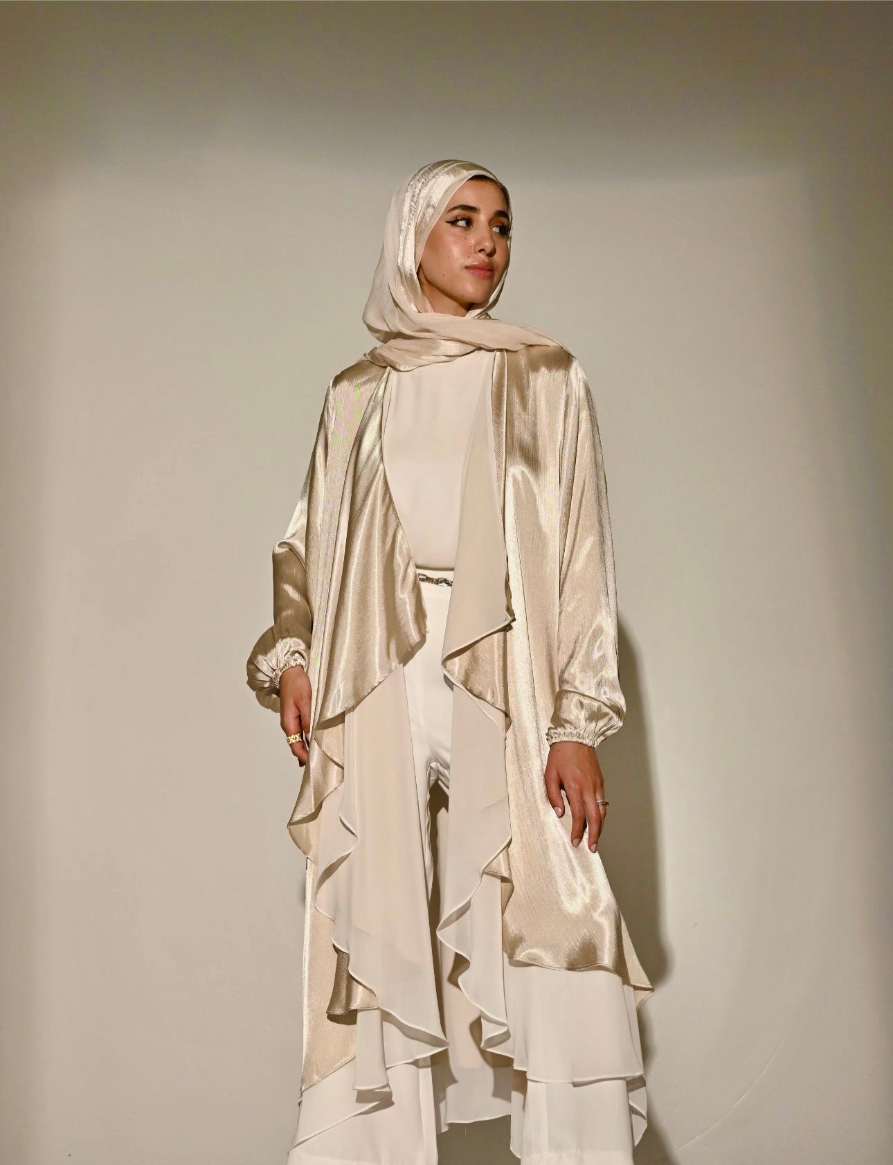 Double layered Emilia Kaftan in Champagne beige x White