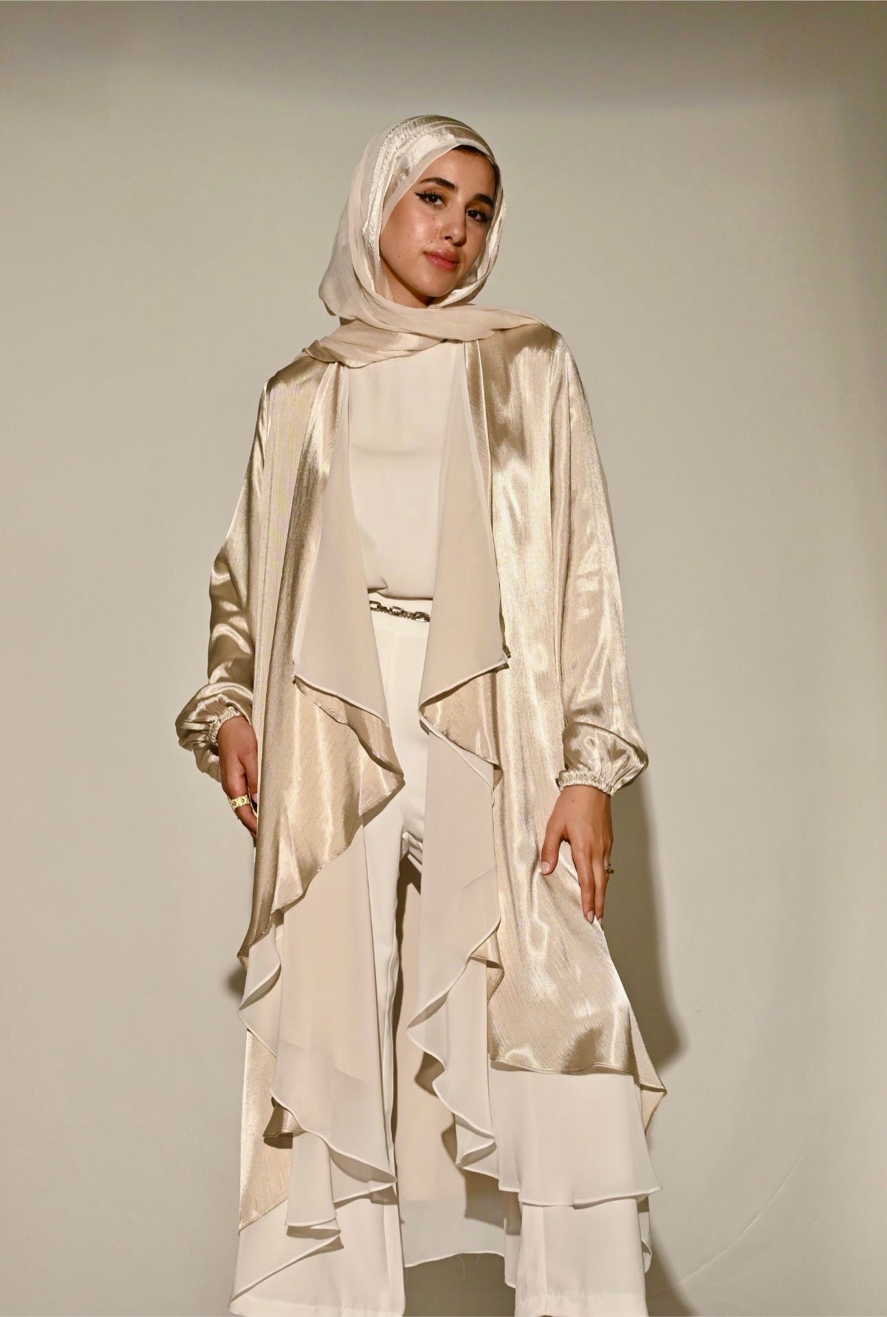 Double layered Emilia Kaftan in Champagne beige x White