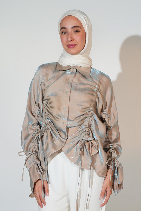 Rhea Drawstring blouse in beige x blue