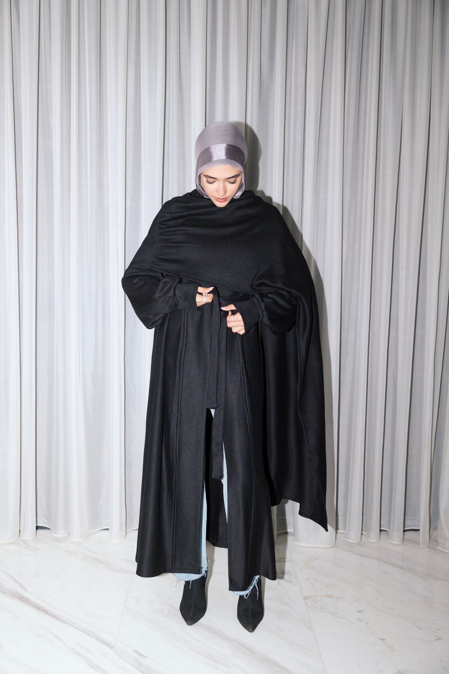 Valaya Shawl Long-Line Cardigan in Black