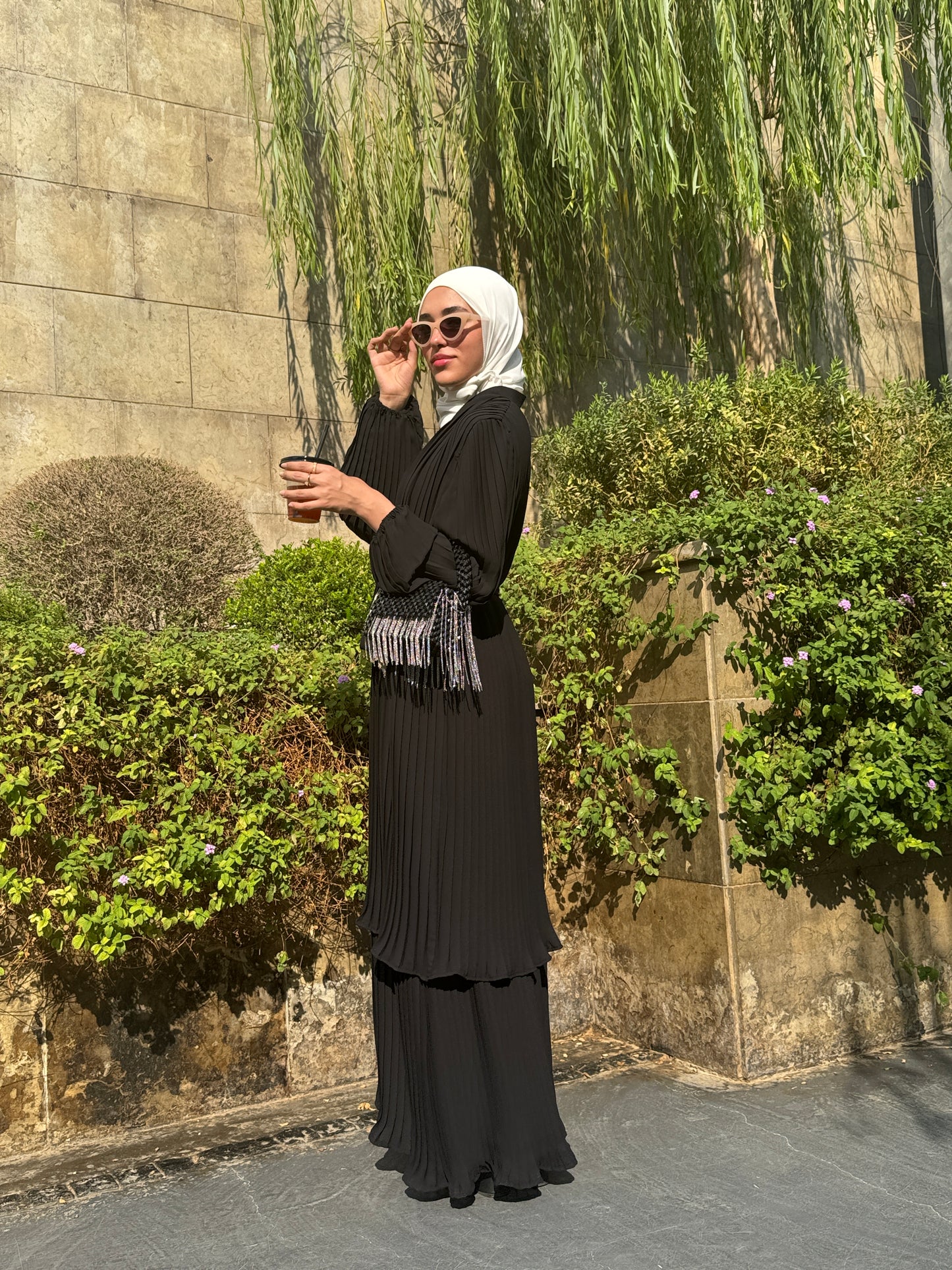 Double Layered Pleated Kaftan in Black