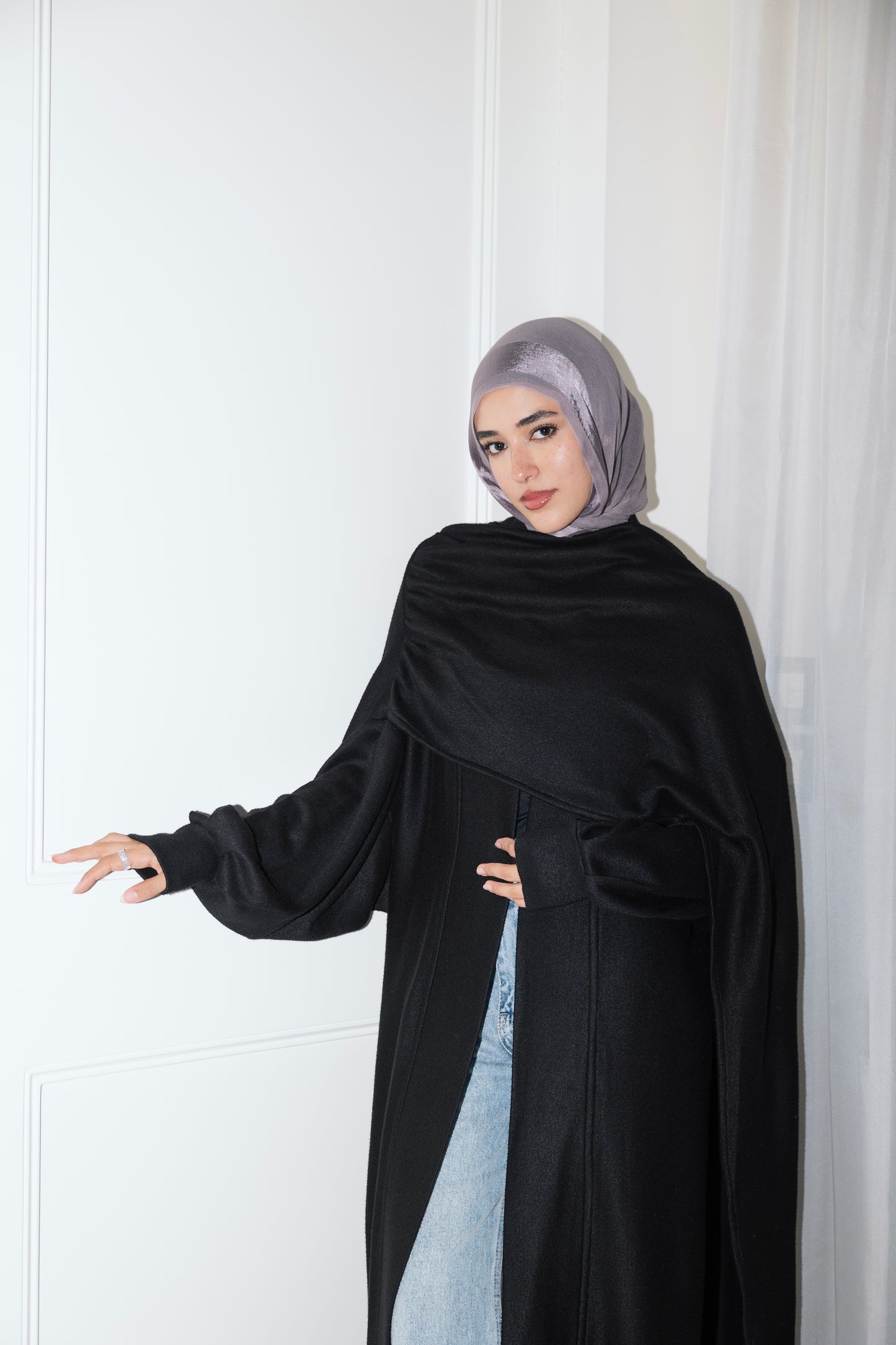 Valaya Shawl Long-Line Cardigan in Black